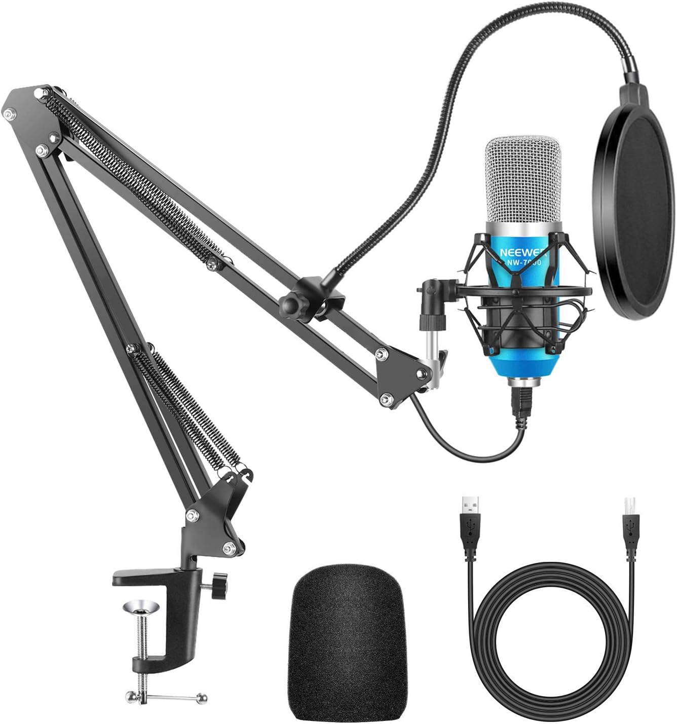 USB Microphone for Windows/Mac with Scissor Arm Stand, Shock Mount, USB Cable and Table Mount Kit for Broadcasting and Sound Recording (Blue and Silver)