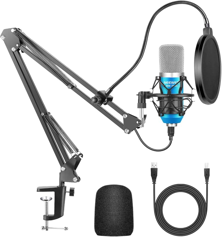 NEEWER USB Microphone for Windows/Mac with Scissor Arm Stand, Shock Mount, USB Cable and Table Mount Kit for Broadcasting and Sound Recording (Blue and Silver)