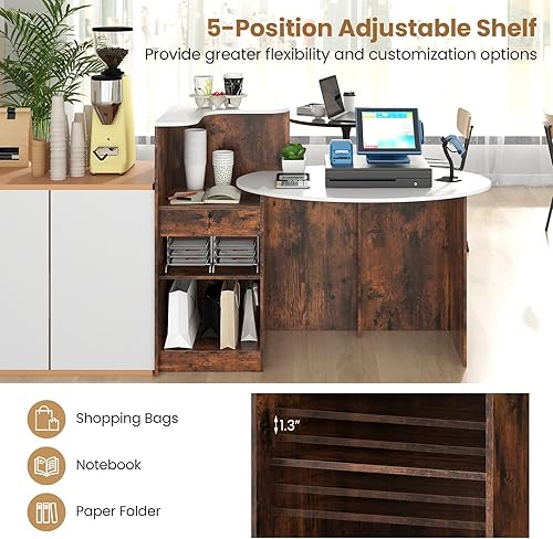 Vista 61 de Tangkula Escritorio de recepción, mostrador frontal con cajón con cerradura y estante ajustable, escritorio ovalado, mostrador minorista para pagar