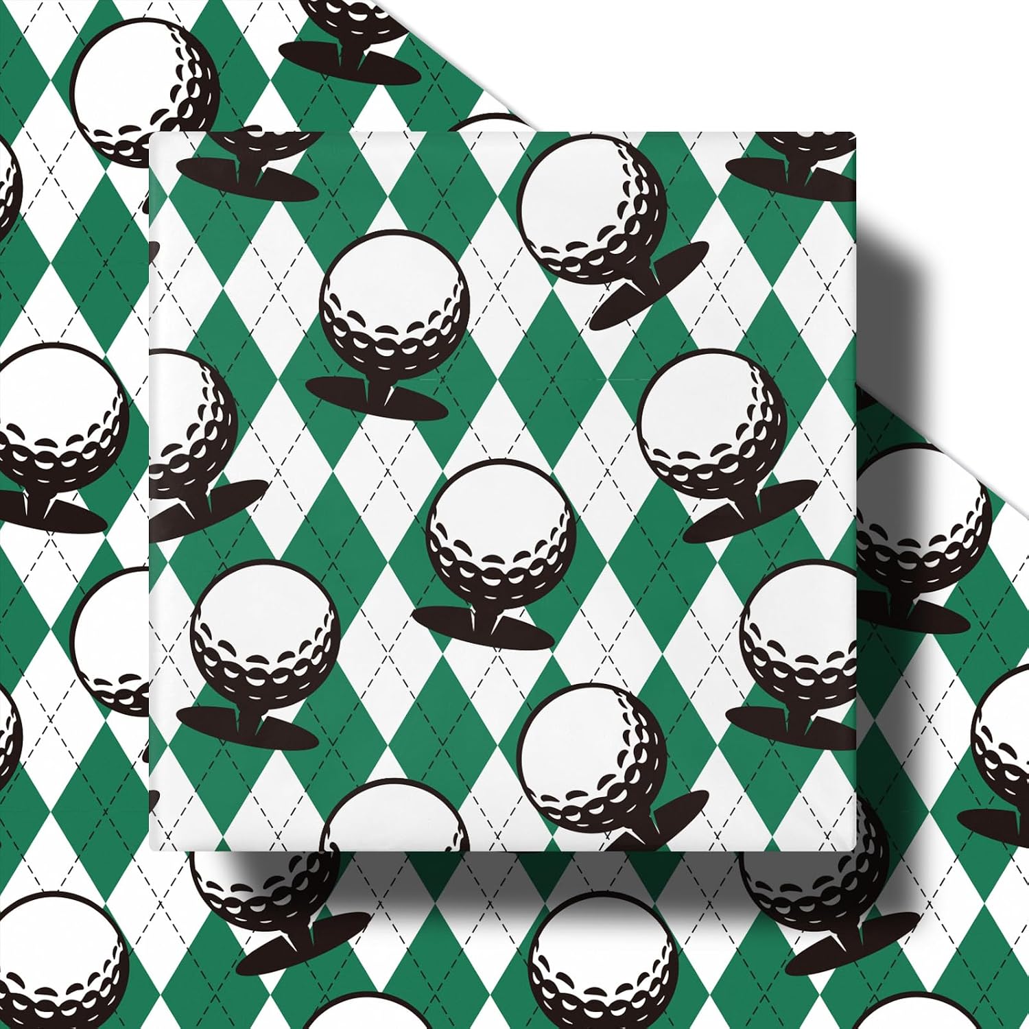 RUSPEPA Golf Wrapping Paper Roll for Men Boys, Mini Roll, Classic Golf Ball and Argyle Plaid Design, Green and White Gift Wrap for Father's Day, Birthday, Sports Party, 17 Inches x 16.4 Feet image 2