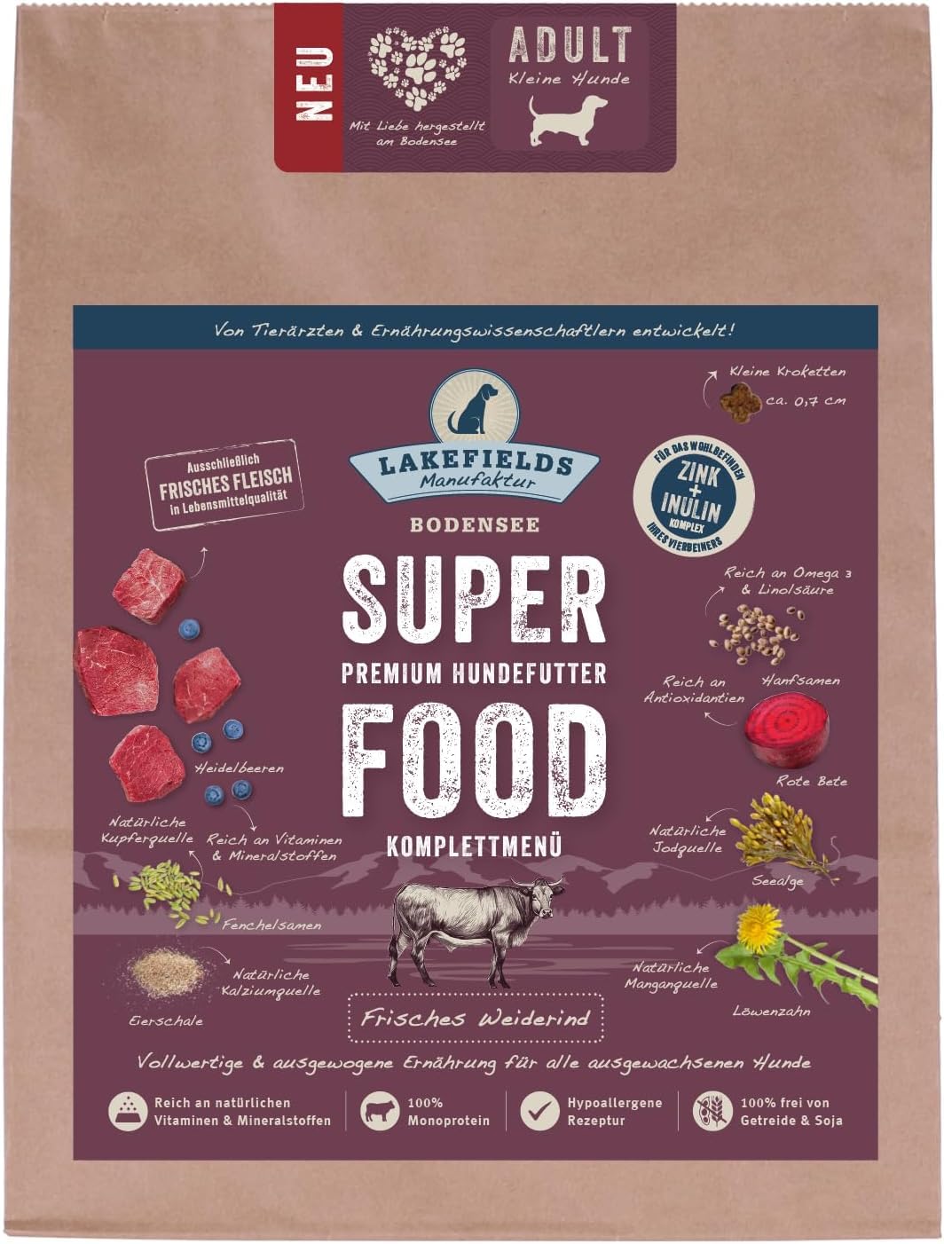 LAKEFIELDS MANUFAKTUR - SUPER Food - sucha karma dla psów premium, wypasana 60%, sucha karma bez zbóż dla małych dorosłych psów, pojedyncza karma z wołowiną i burakami, wymiary: 4 x 1 kg