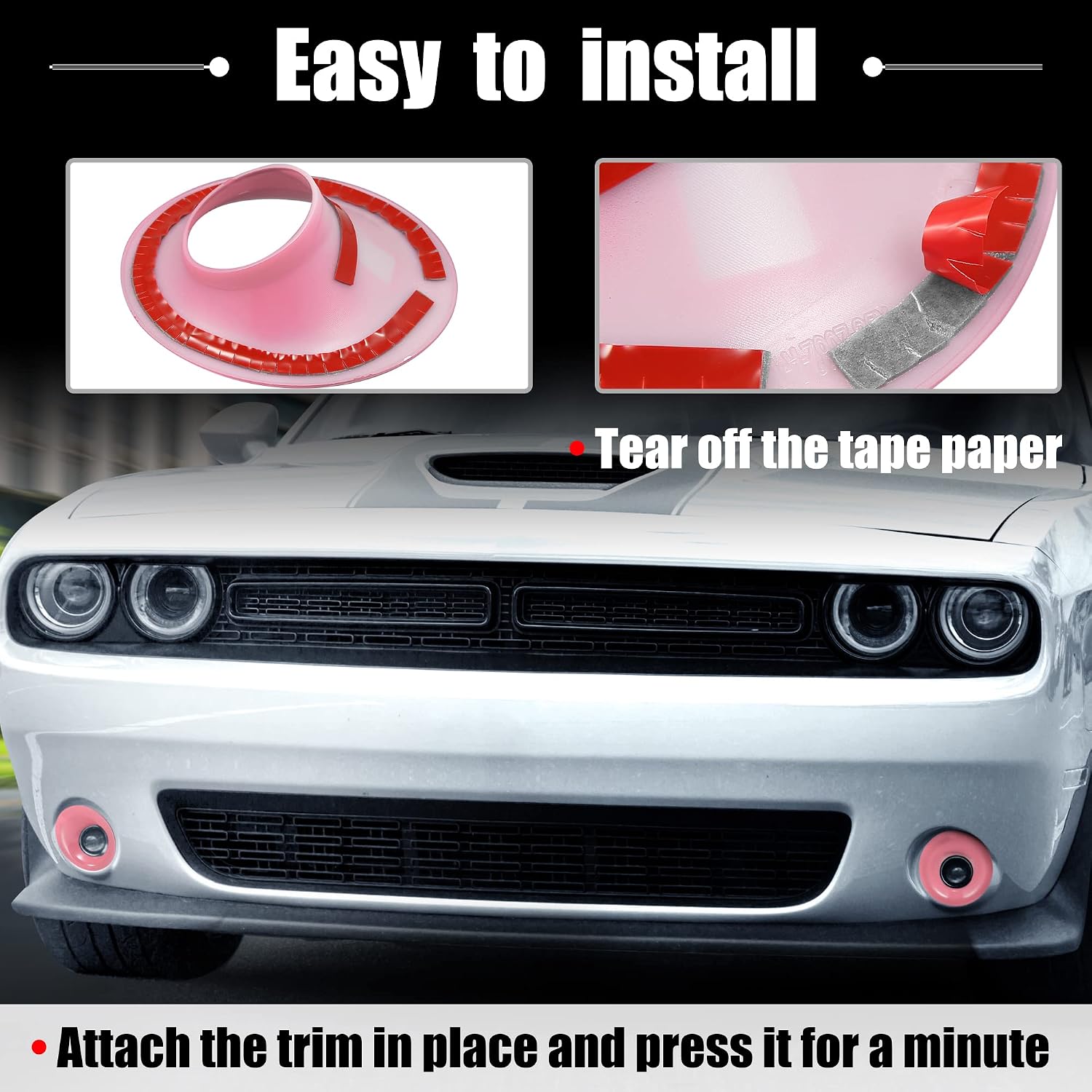 X AUTOHAUX 2pcs Front Foglights Covers Trim for Dodge Challenger 2015-2020 ABS Fog Light Ring Trim Decorative Cover Exterior Car Accessories Pink