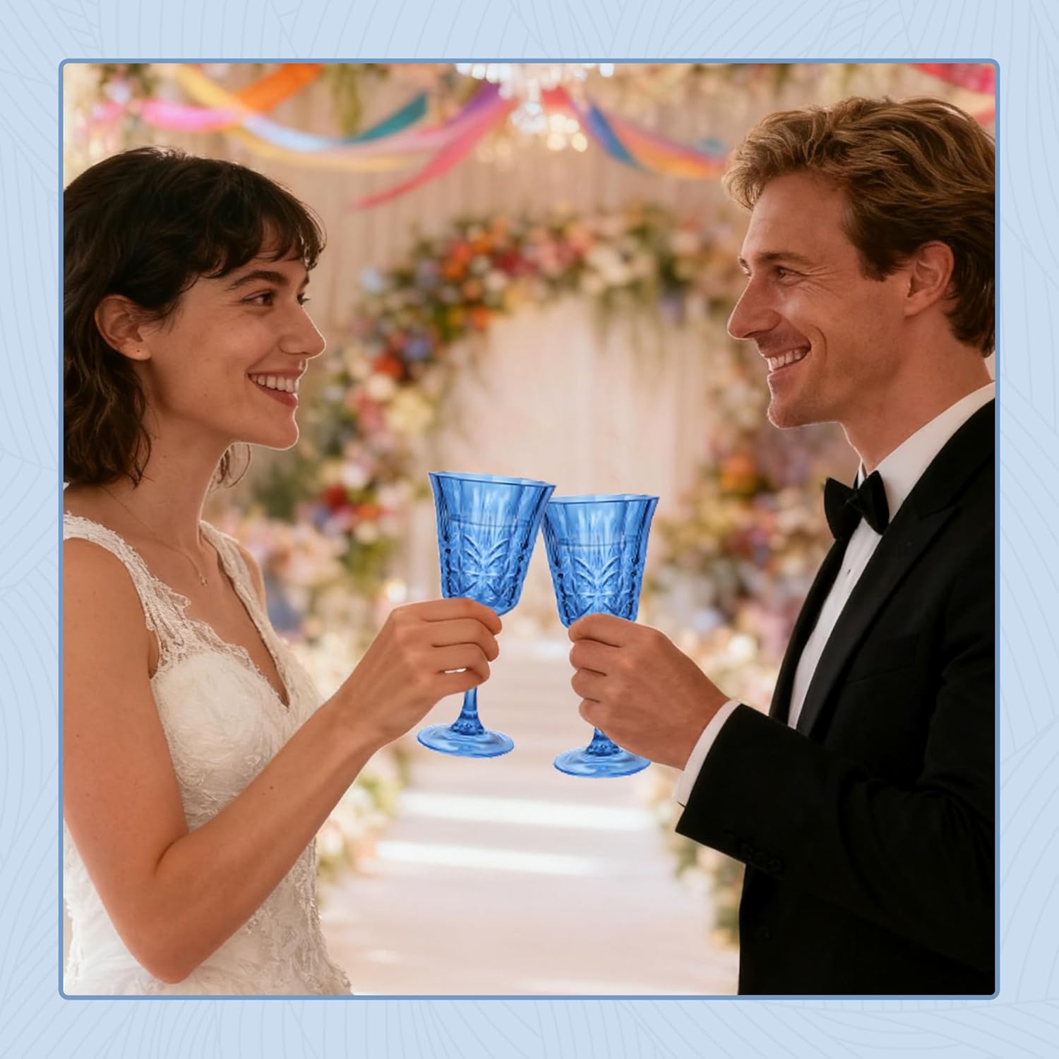 Plastic Wine Glasses 10oz Vintage Goblets Unbreakable Reusable BPA-Free Stemmed Drinking Glasses for Parties, Weddings & Events Leaf-Patterned (Set of 12, Blue) - Image 5