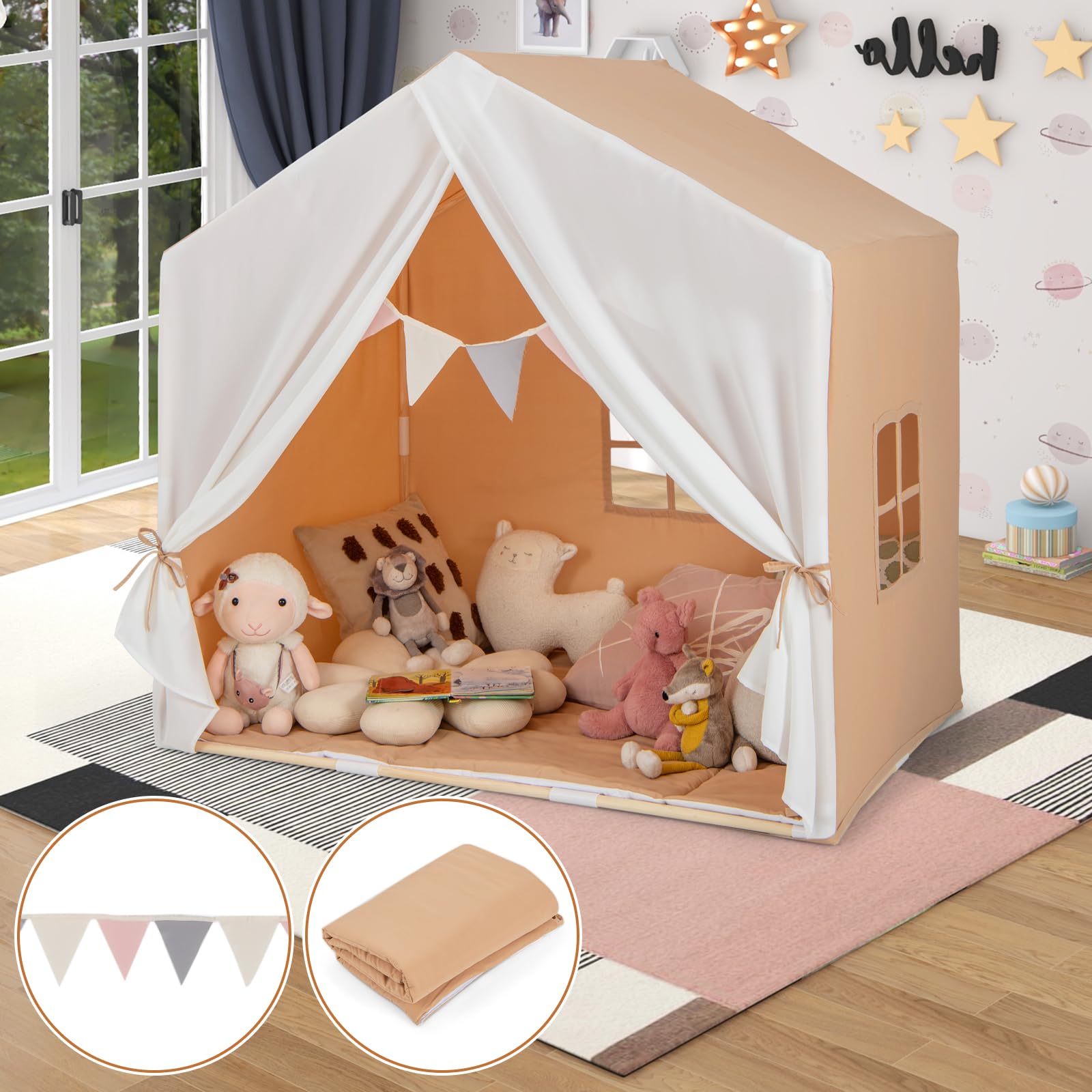 DREAMADE Kinderzelt für drinnen mit Matte und Girlande, Kinder Spielhaus Indoor mit Fenstern & Vorhang, Tipi Zelt, Kinder Spielzelt mit Massivholzrahmen für Jungen und Mädchen (Hellbraun + Weiß)