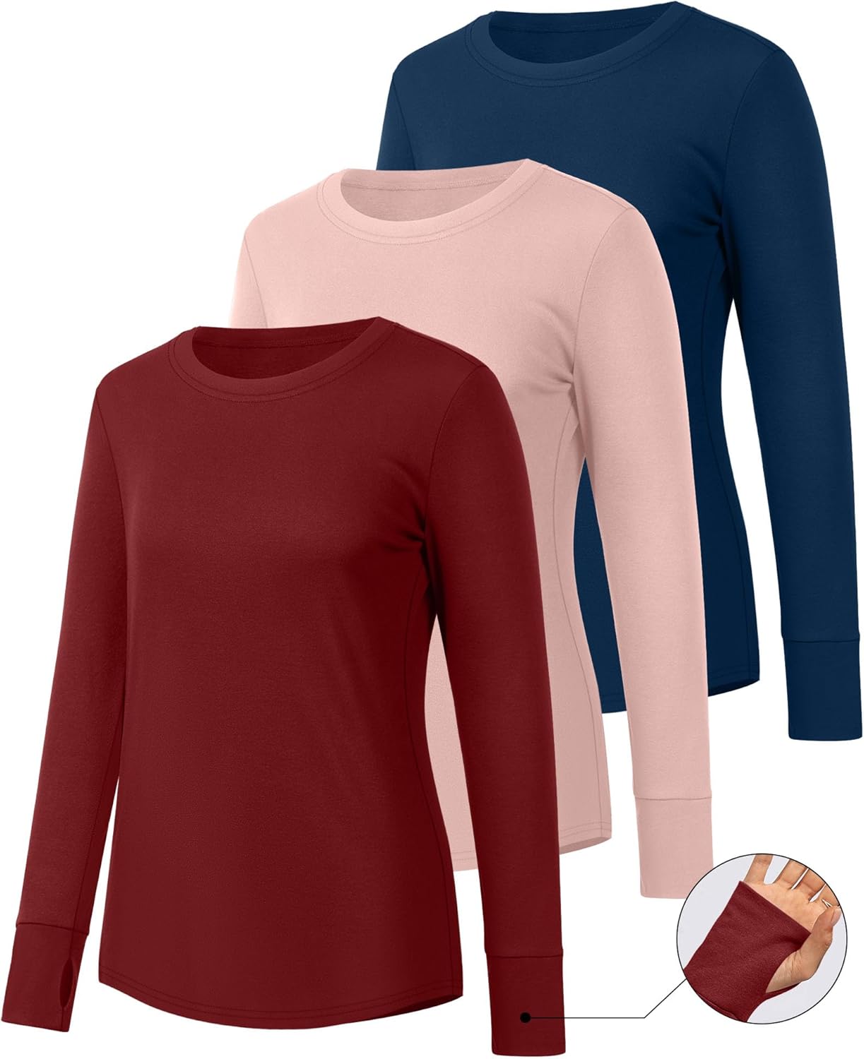 Huukeay 3 Pack Women's Long Sleeve Shirts with Thumb Holes, Cotton Casual Crew Neck Tunic Tops Fall Loose Y2k Trendy Outfits - Image 3