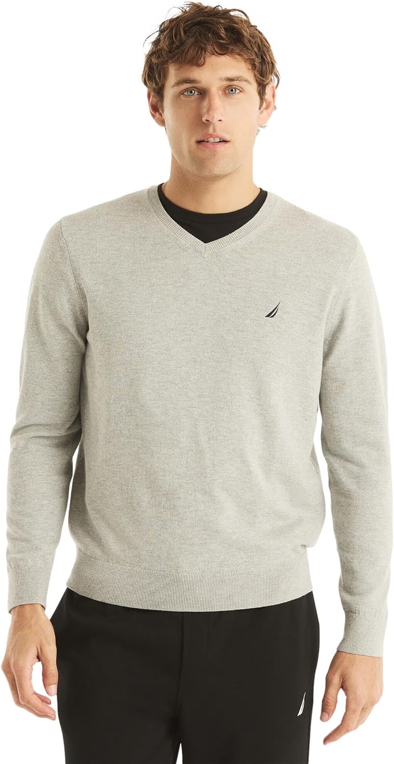 NAUTICA Men's Classic Fit Soft Lightweight Jersey V-Neck Sweater, GreyHeather, XL