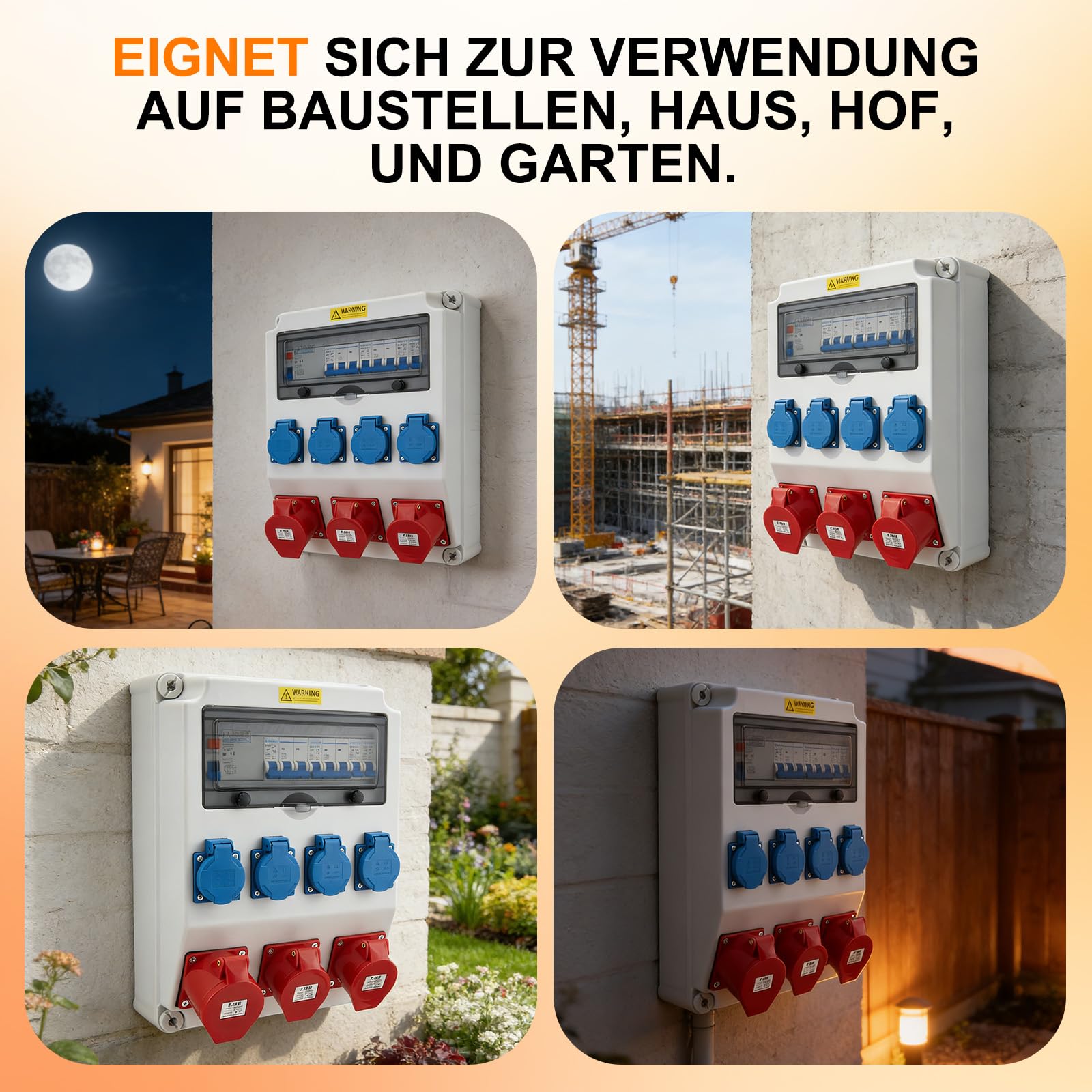 Distribuidor de corriente para construcción 32 A IP44 con protección FI/RCD y LS, 4 x Schuko, 2 x CEE 16 A + 1 x CEE 32 A, distribuidor de corriente industrial para exteriores y obras | carcasa