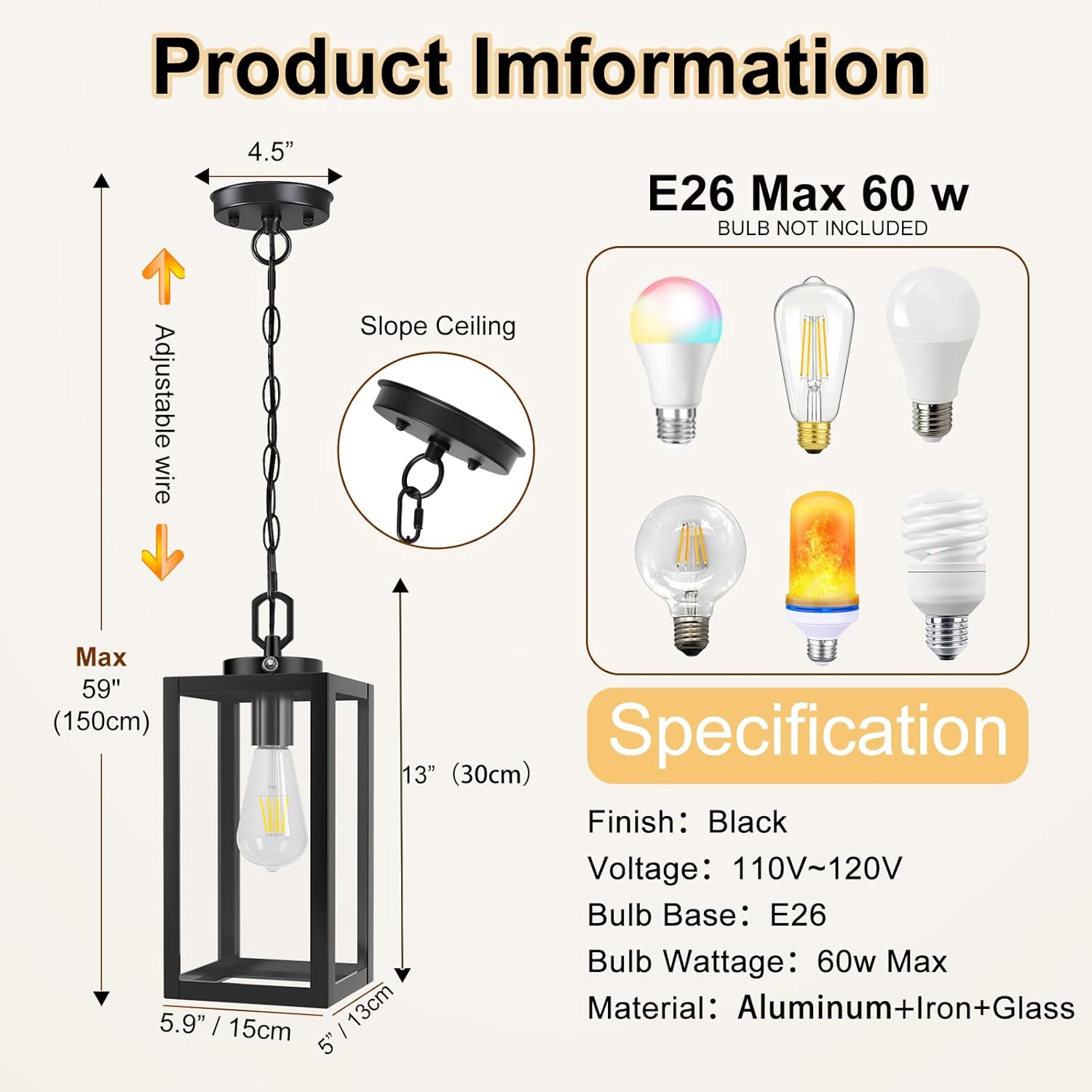 13" Dusk to Dawn Outdoor Pendant Light,Exterior Outside Chandelier Hanging Lantern Light, Matte Black with Clear Glass for Front Door,Porch, Gazebo, Garden.