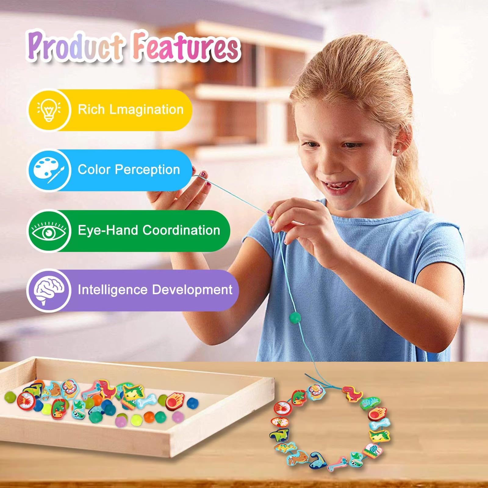 Wooden Toy Threading Game Set, 41 Pieces Dinosaur Animals Threading ...