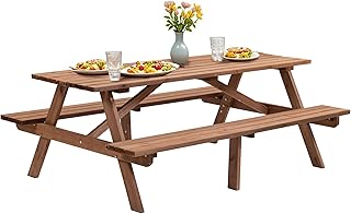 Outdoor Wooden Picnic Table with Benches and Umbrella Hole, Rustic Style Lifetime Picnic Table Bench Set for 6 or 8 Person for Backyard, Porch, Patio, and Deck, Brown