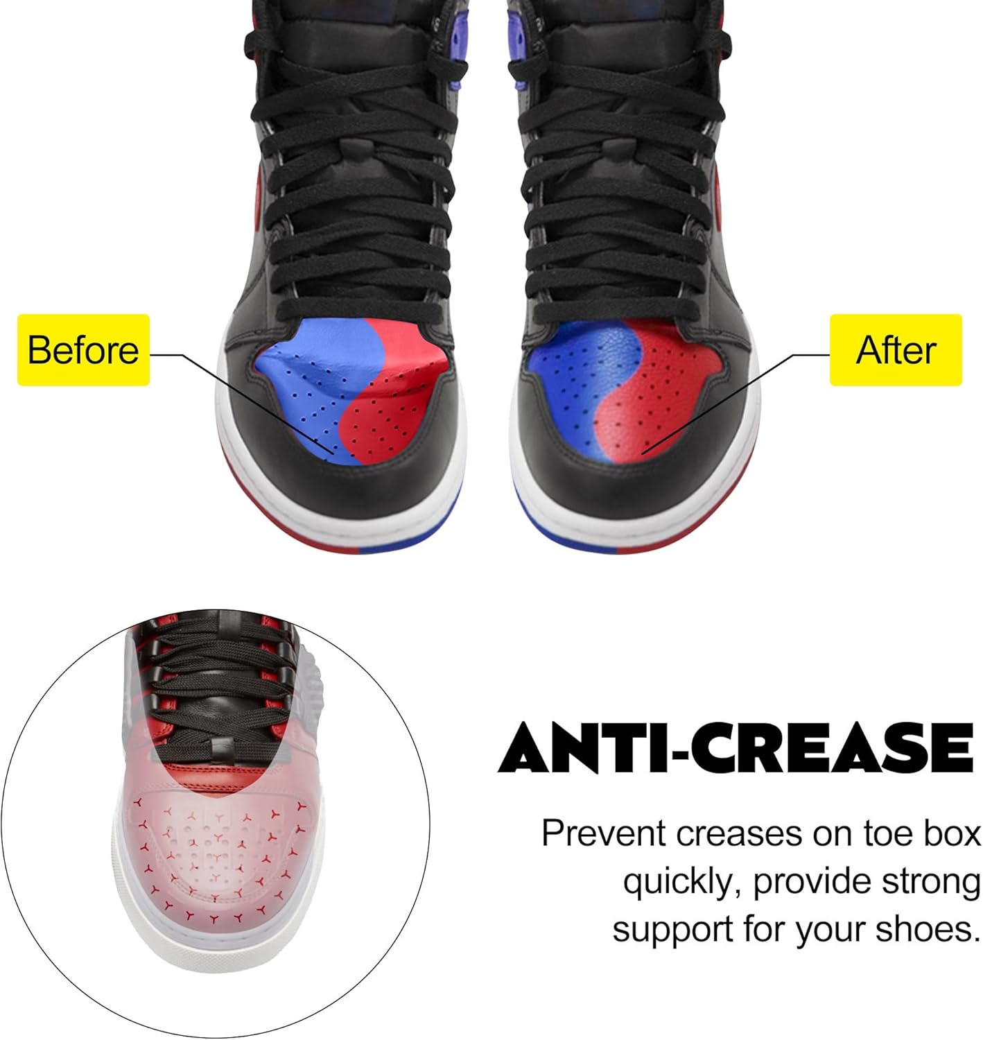 Before and after comparison of shoe toe box with and without crease protectors