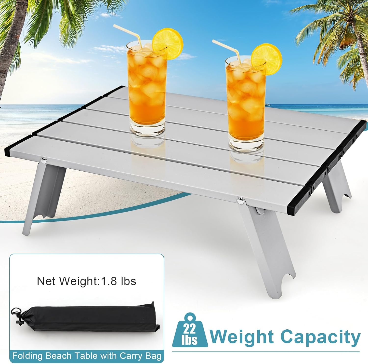 GYMAX Beach Chairs, Backpack Camping Chair with Armrest, Cooler Bag, Cup Holder, Towel Bar & Side Pockets, Sunbath Sling Tanning Lounge, Folding Layout Chair (with Table, Blue Stripe)