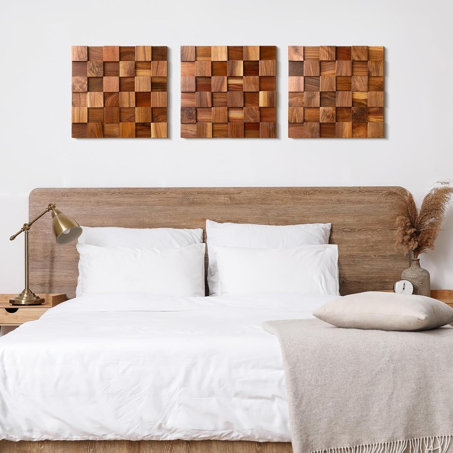 RattanView 3 Pcs 3D Wood Wall Art 11.8'' x 11.8'' Rugged Mosaic Wood Wall Decor Rustic Block Wooden Wall Art Vintage Brick Carved Wall Art for Living Room Bedroom Aesthetic, Ready to Hang