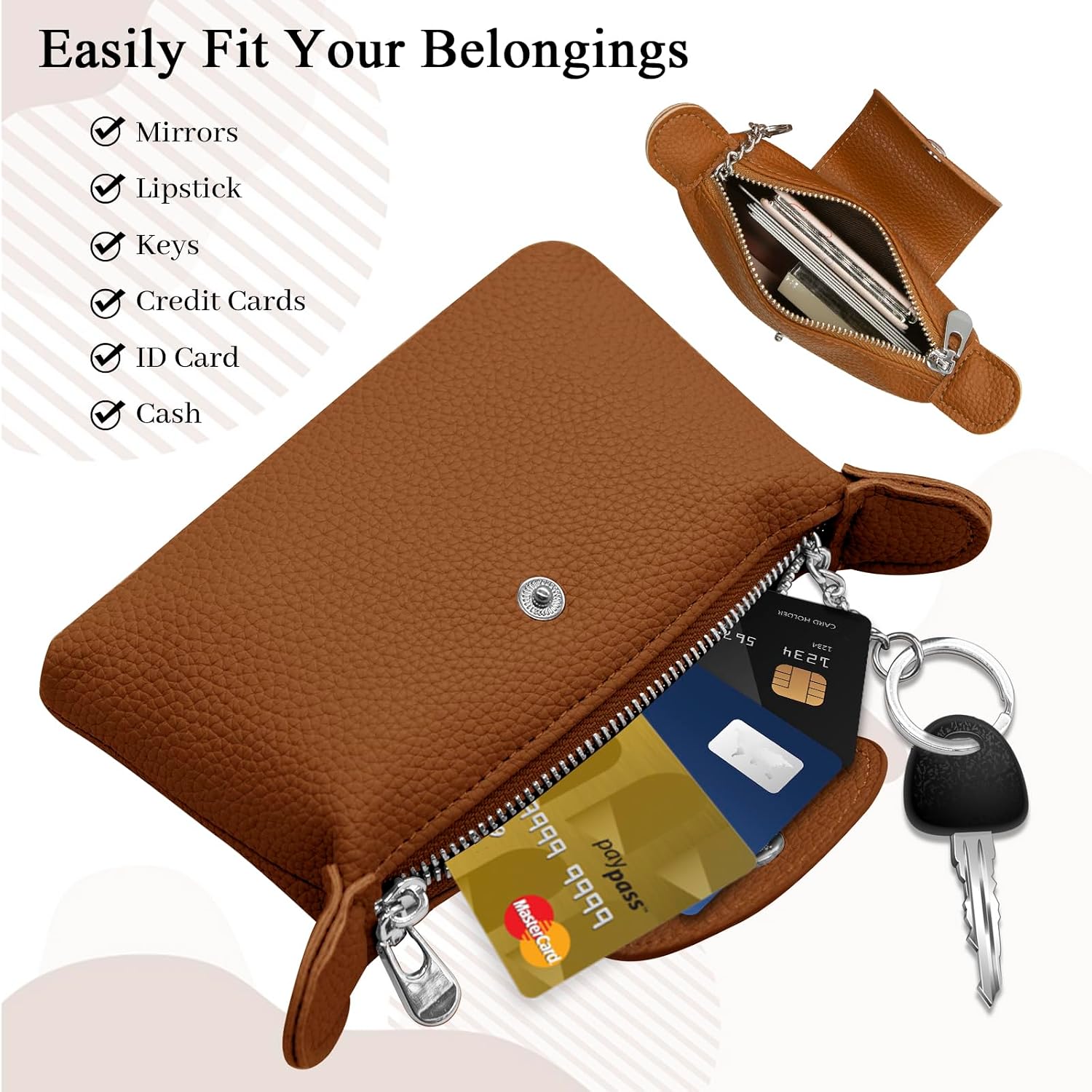 LJCZKA Coin Purse for Women Small Leather Pouch Card Holder with Zipper Fashion Classic Coin Wallet with Keychain (Brown)