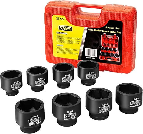 Stark Premium - Juego de llaves de impacto grande Jumbo de 34 pulgadas SAE (2-116 - 2-12 pulgadas), acero Cr-Mo de 6 puntos, 8 piezas con estuche de
