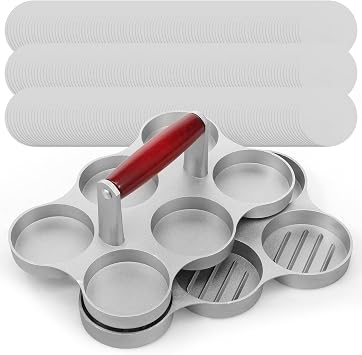 Mini Burger Press Small Meat Patty Maker with 200 or 300 Paper Round Shape Press Patty Maker for Mini Hamburger Barbecue Picnic Camping Three or Six 2.64 inch Mold 3 or 6 Slotsilver-1-6 Grid