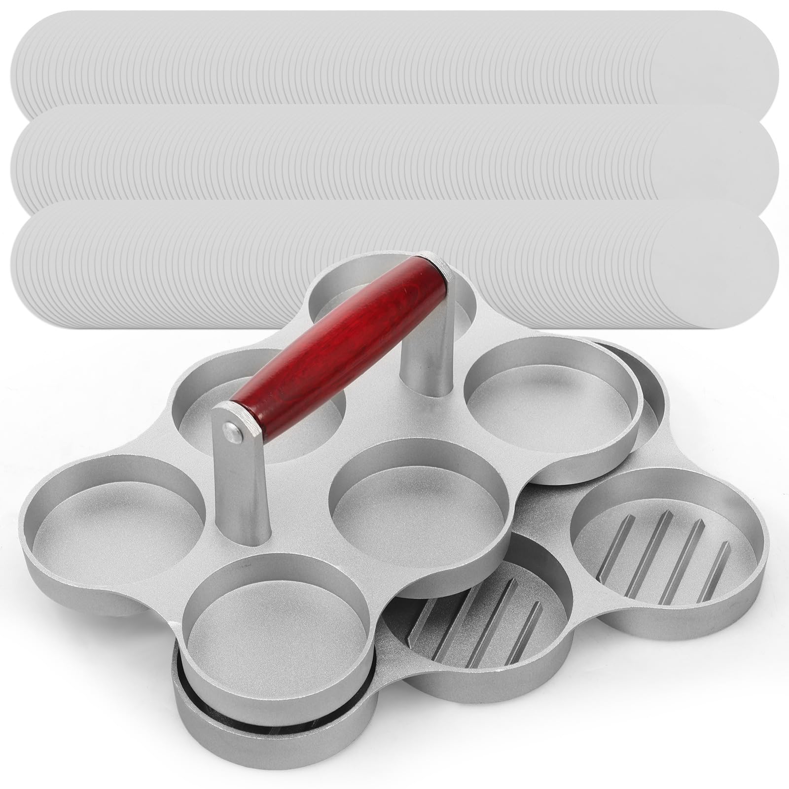Burgerpresse Mini 6er Set - Hamburgerpresse aus Aluguss mit Antihaftbeschichtung, Holzgriff & 300 Blatt Backpapier - Patty Presse für 6 Mini-Burger Gleichzeitig(silbrig-1-6 Gitter)