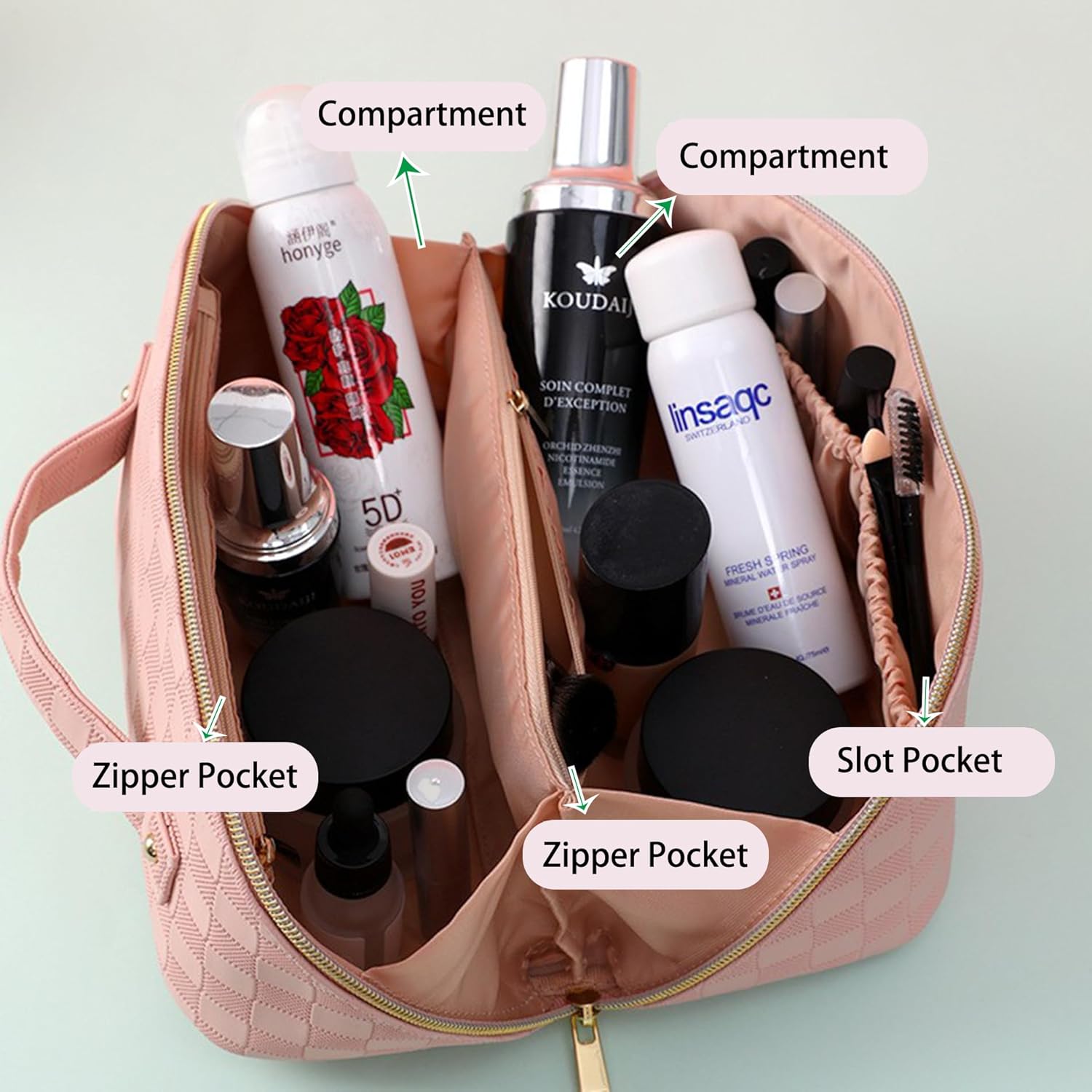 Cosmetic Bag,Travel Makeup Bag, Large Capacity Cosmetic Bags for Women, Waterproof Portable Open Flat Toiletry Bags,Makeup Organizer Bag with Divider and Handle, Pink Cosmetic Pouch Gifts for Women - Image 2