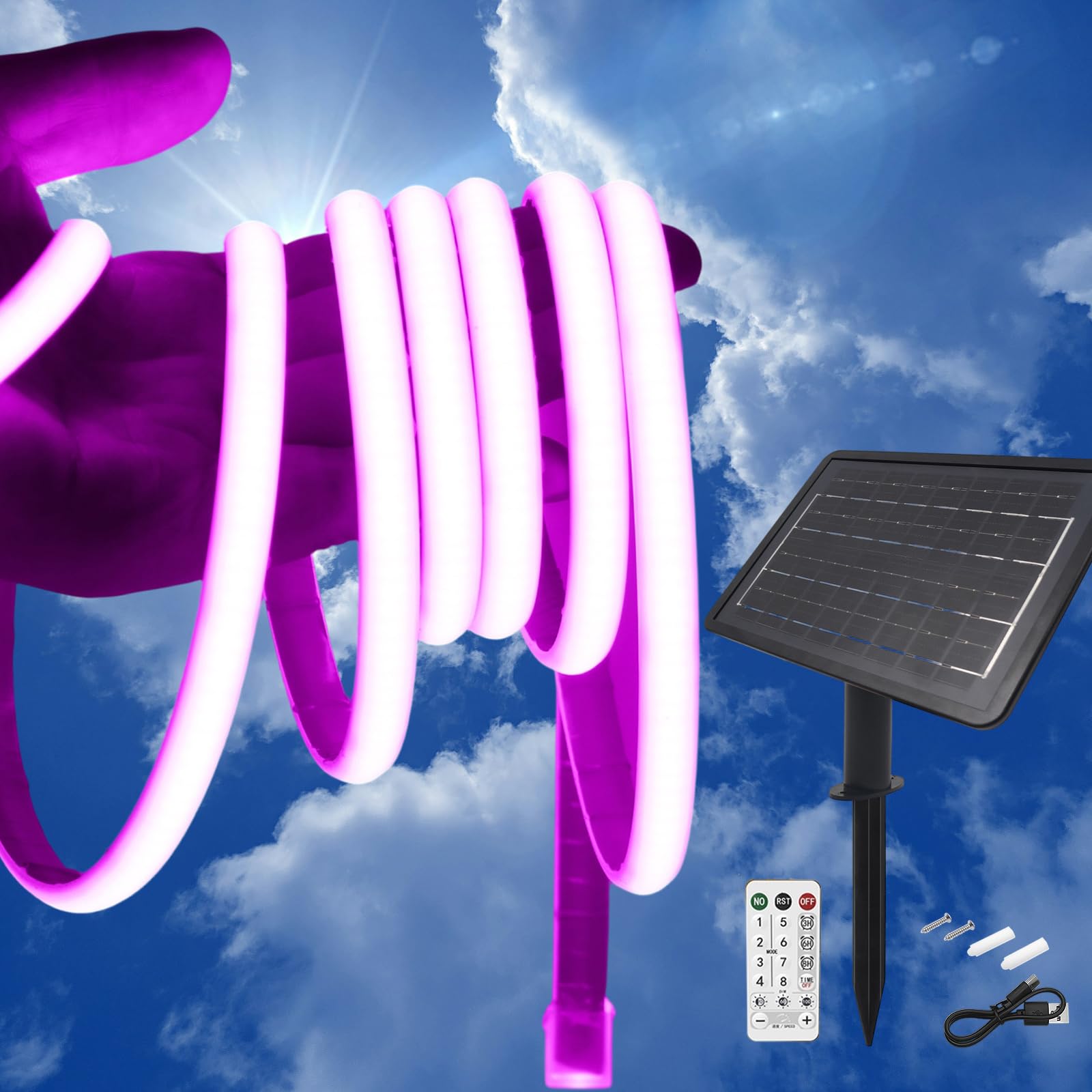KISUFU 24V Solar LED Strip Lights Outdoor, 320 LEDs/M IP68 Waterproof Cuttable Self-Adhesive Rope Light with 7200mah 8 Modes Battery Box Remote Control for Porch Gazebo Yard Trees Garden Decor.