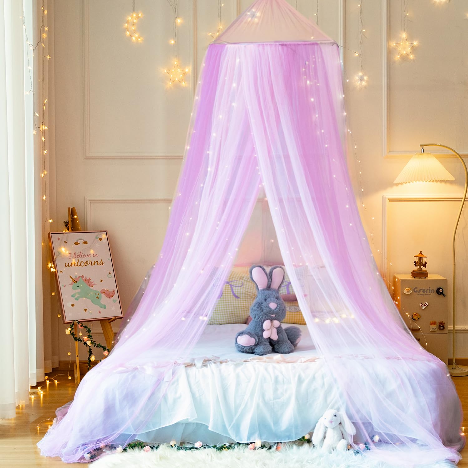 Wnqou Pink Purple Bed Canopy with Warm Fairy Lights for Girls Bed Net,Princess Hanging Netting for Kids Bed Room Decor Mosquito Net for Baby Crib, Twin to King Size Bed