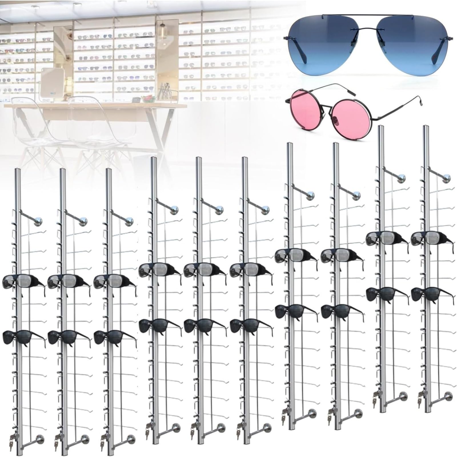 CAFIEDR Sunglasses Display Stand Organizer With Lock, Durable Aluminium Eyeglass Rack For Shop And Home Decoration.16pcs