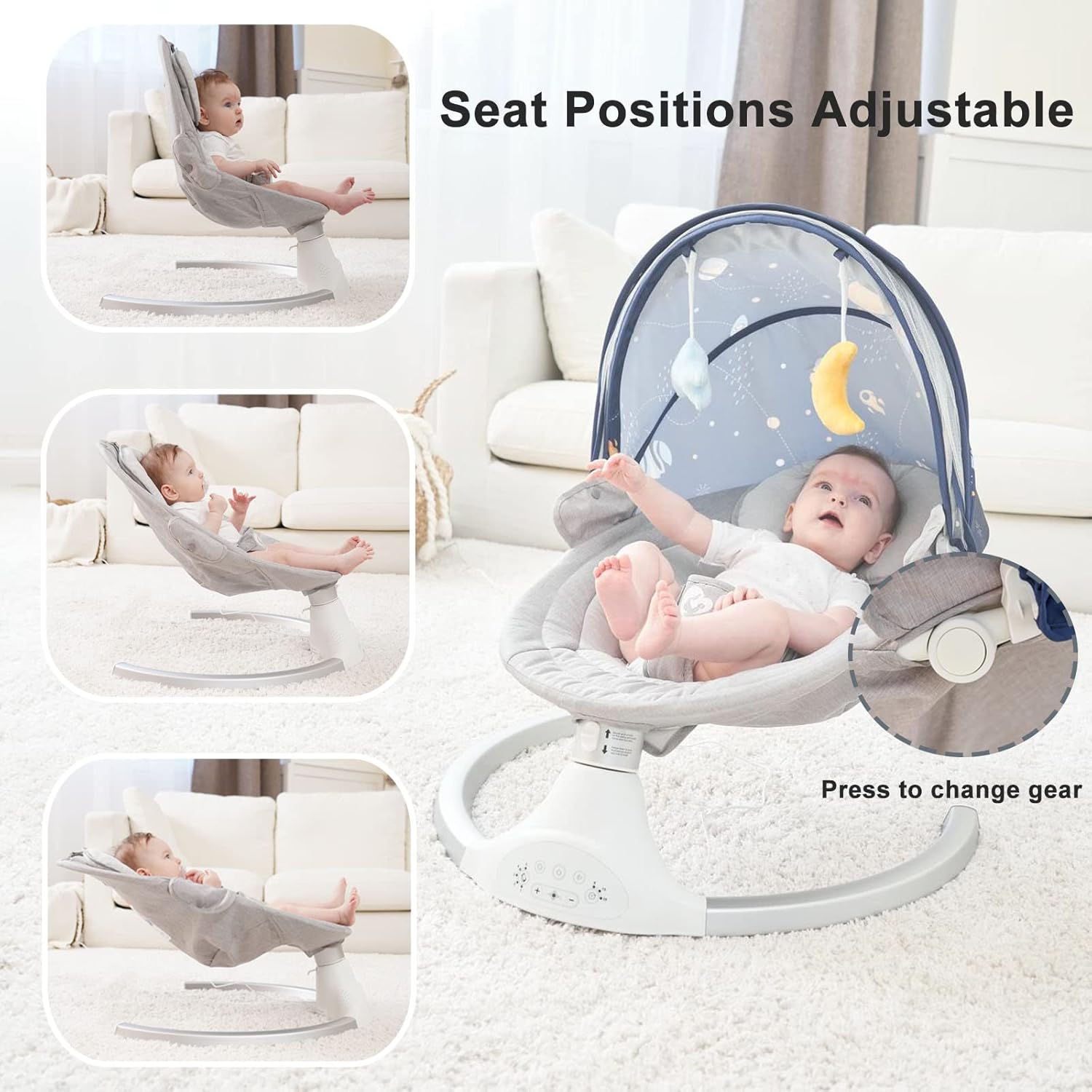 Bellababy Bluetooth Baby Swing for Infants, Compact & Portable Baby Bouncer, 3 Seat Positions, 5 Speed, 10 Lullabies, Remote Control, USB Plug-in Power, Indoor/Outdoor Baby Rocker, Boy/Girl Gray