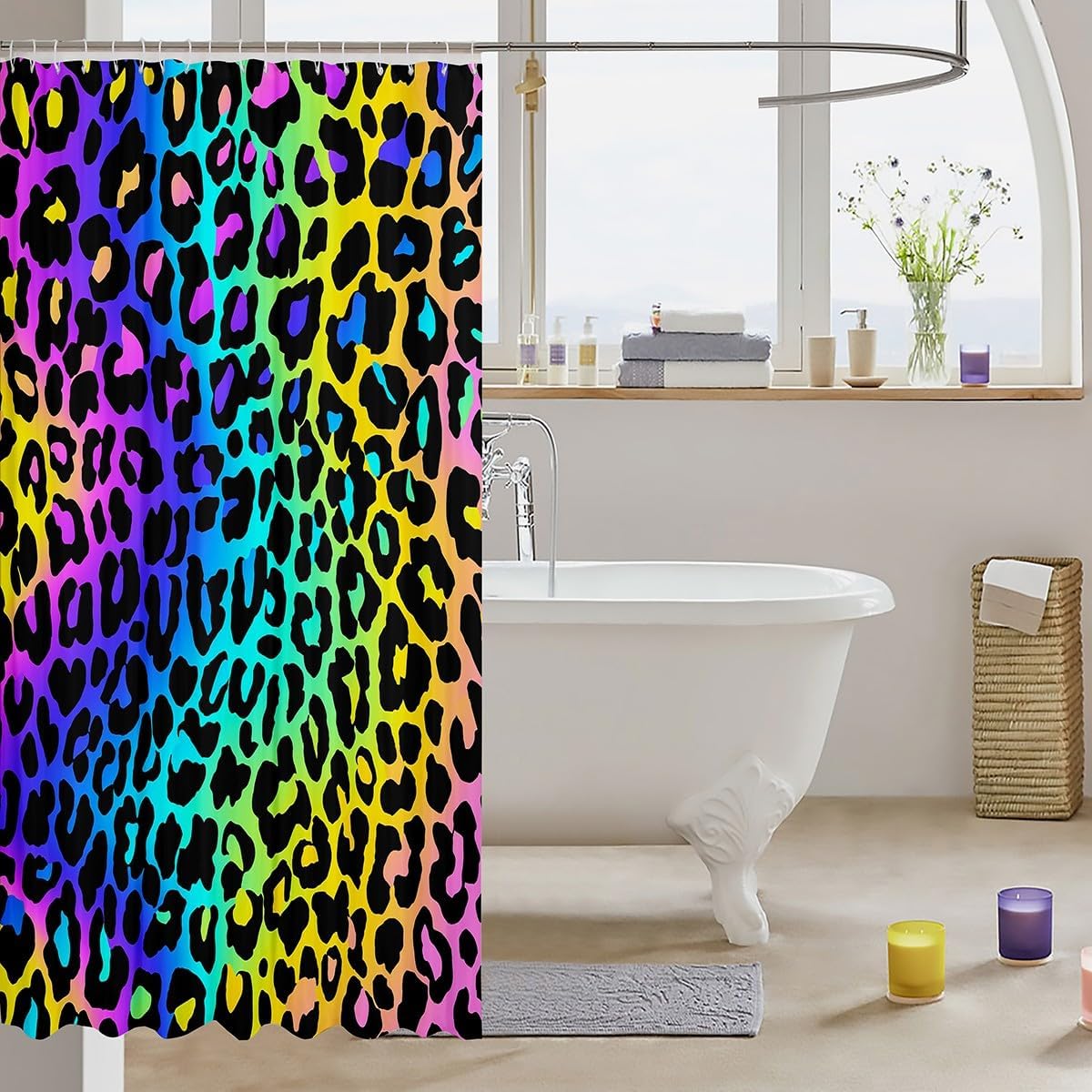 Erosebridal Leopard Print Fabric Shower Curtain Rainbow Cheetah Print Bath Curtain 72" Wx78 L,Colorful Wild Animal Skin Fur Animal Hide Spot Bathroom Shower Curtain,African Big Cat Bathroom Decor image 3