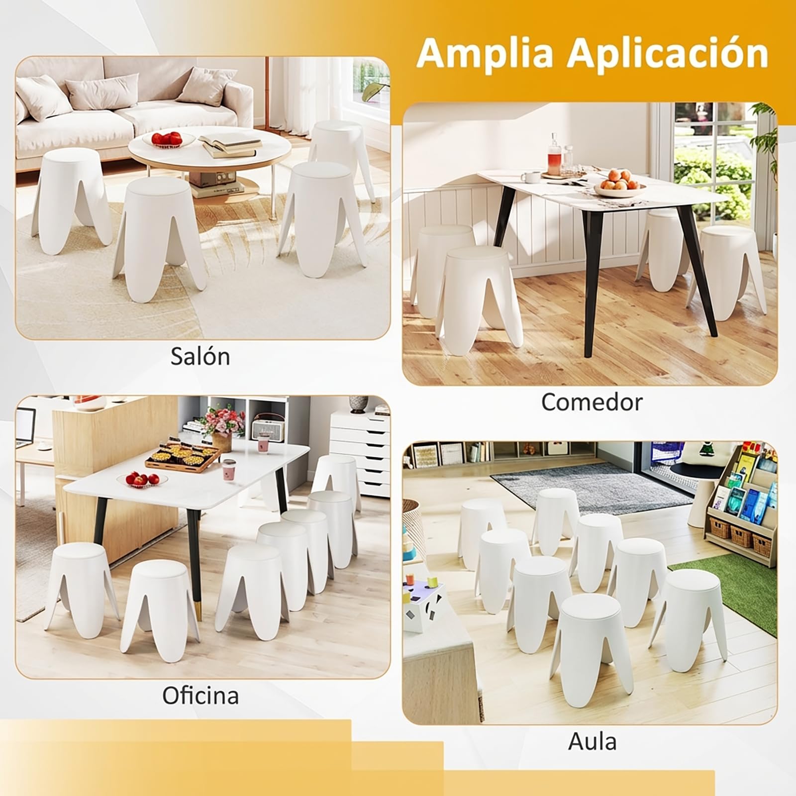 COSTWAY Juego de 8 Taburetes Apilables, Taburetes de Plástico Anidados de 46 CM de Altura, Sillas Portátiles Sin Respaldo para Escuela, Aula, Salón, Comedor, Hogar, Oficina, Ahorra Espacio, Blanco
