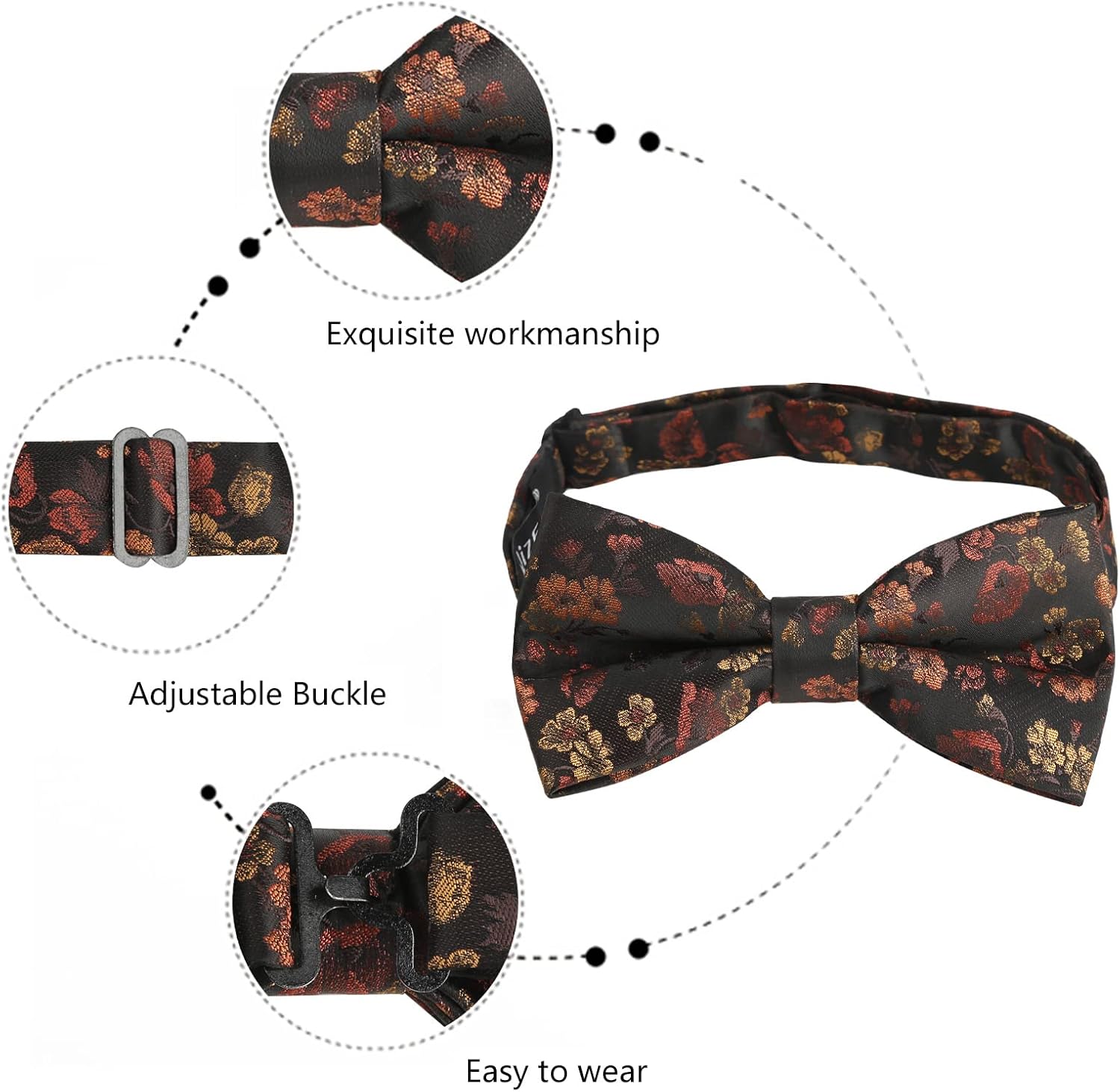 Alizeal Mens Floral Pattern Pre-tied Bow Tie, Pocket Square and Cufflinks Set - Image 4