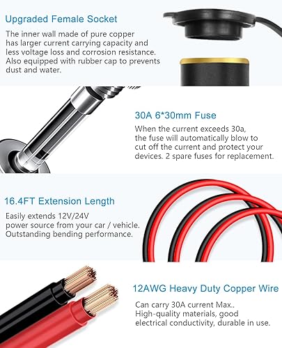 Miniatura 8 de ALITOVE Cable de extensión para encendedor de cigarrillos de 12 AWG, 12 pies, 30 A, 360 W máx. Cable de alimentación resistente macho a enchufe