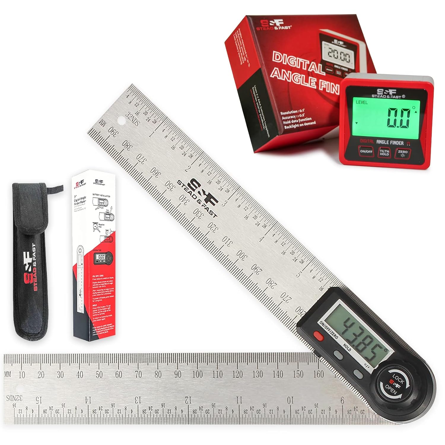 S&F STEAD & FAST Digital Angle Finder Ruler 7 Inch 180 mm Stainless Steel with Pouch/Digital Angle Finder Gauge Magnetic