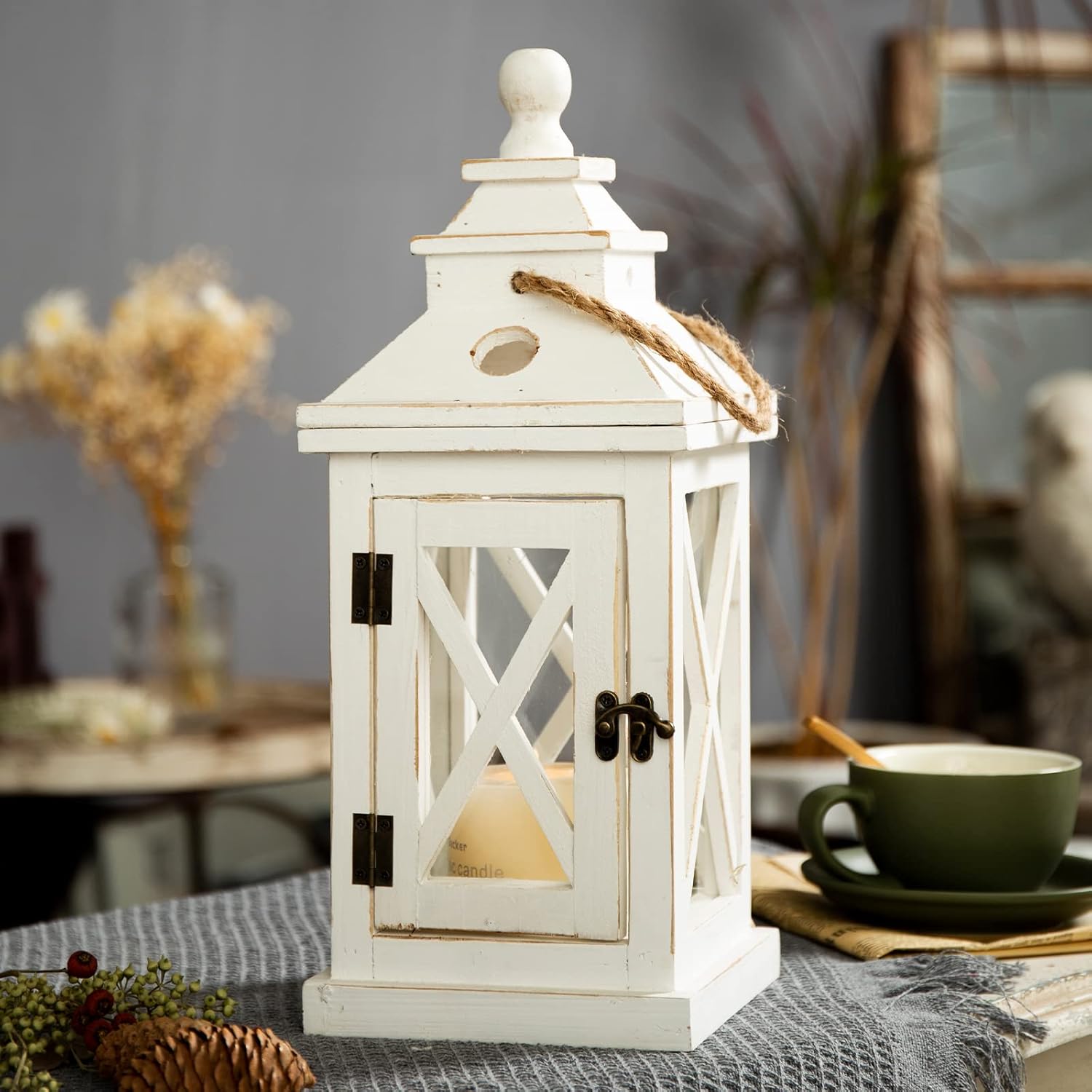 Solid Wood White Lanterns Decorative 16", Farmhouse Hanging Hurricane Lantern Outdoor Wedding Pillar Candle Holder with Windproof and Waterproof Glass for Fireplace Mantle Decor