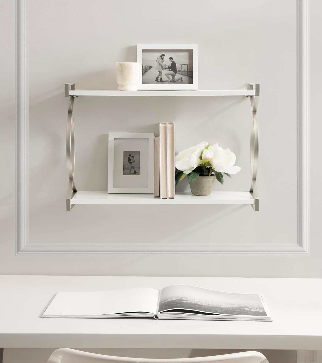 Kate and Laurel Arietta Modern Glam 2-Tier Wood and Metal Shelf, 24 x 7 x 16, White and Silver, Contemporary Decorative Wall Shelves for Over-the-Toilet Storage and Display