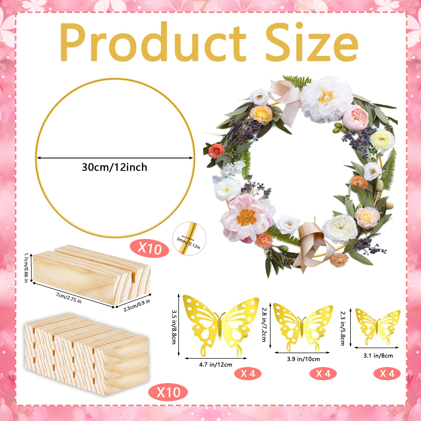 10 cerchi floreali in metallo da 30,5 cm con supporto per centrotavola, ghirlanda dorata macramè anello con decorazione a farfalla 3D, centrotavola decorazioni da tavolo per matrimoni, feste fai da te