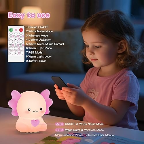 Miniatura 5 de Axolotl - Luz nocturna con máquina de sonido, lámpara táctil de silicona rosa, altavoz inalámbrico, control remoto, tacto suave, lámpara de