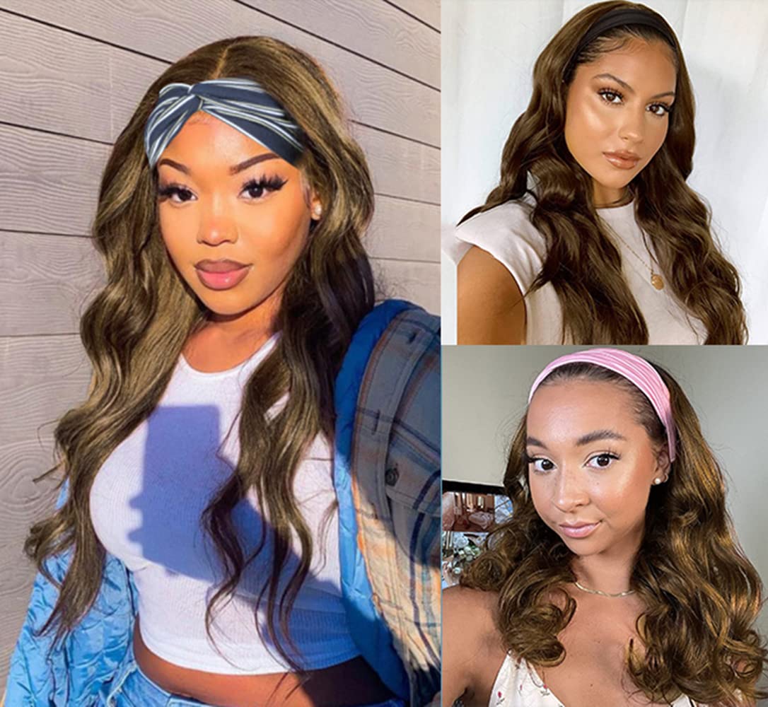 SAPPHIREWIGS Headband Wig Body Wave Long Wavy Brown Headband Wigs for Women Natural Looking Glueless Synthetic No Lace Front Wig with Headbands Attached 26 Inch