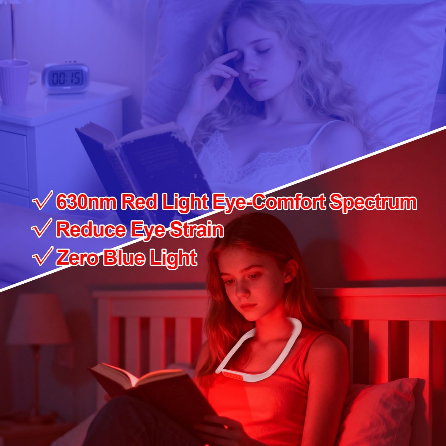 630nm Red Neck Reading Light - Zero Blue Light, Rechargeable Dimmable Portable LED Red Neck Book Lamp for Reading, Crafts, Crochet at Night, Ideal Gift for Readers and Craft Lovers（White