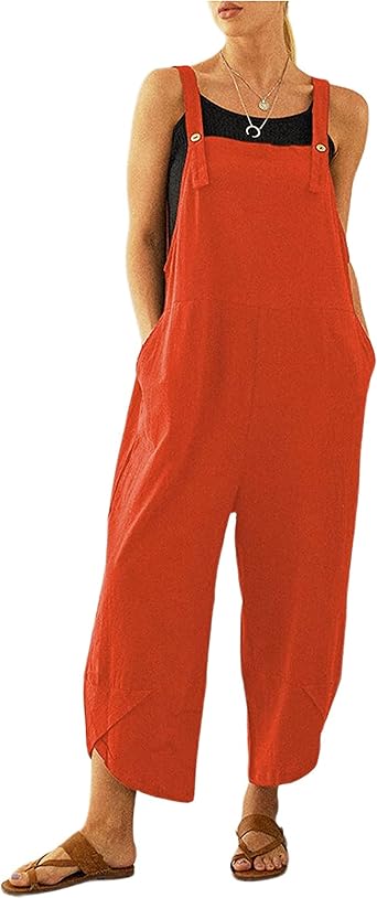 Womens Sleeveless Cotton Linen Adjustable Bib Overalls Baggy Jumpsuits Romper with Pockets Straps Jumpsuit