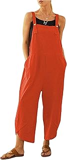 Womens Sleeveless Cotton Linen Adjustable Bib Overalls Baggy Jumpsuits Romper with Pockets Straps Jumpsuit