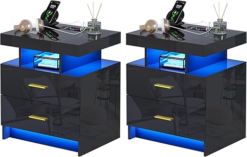 Juego de 2 mesitas de noche con luces RGB, mesita de noche LED con estación de carga, mesita de noche moderna con 2 cajones, mesita de noche