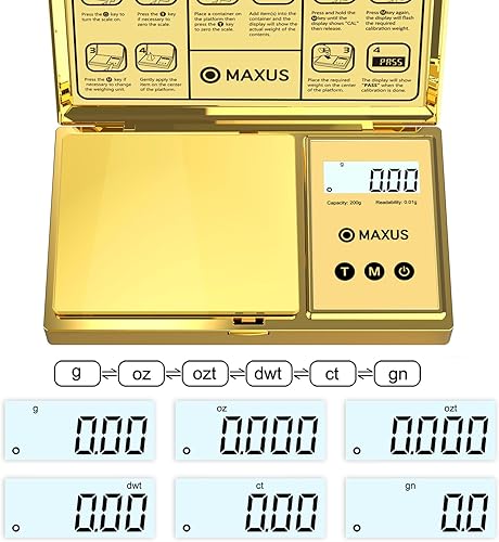 Miniatura 3 de MAXUS Báscula digital de gramos con capacidad de 7.05 oz x 0.00 oz, elegante cubierta chapada en oro y plataforma para un pesaje preciso y preciso