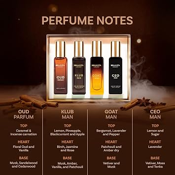 BellaVita Luxury Men's Perfume Gift Set with CEO Man, G.O.A.T., KLUB & OUD | 4 x 20ml (80ml) | Long Lasting Perfume for Men | Citrus, Woody, Patchouli & Caramel Notes | Gift for Father's Day