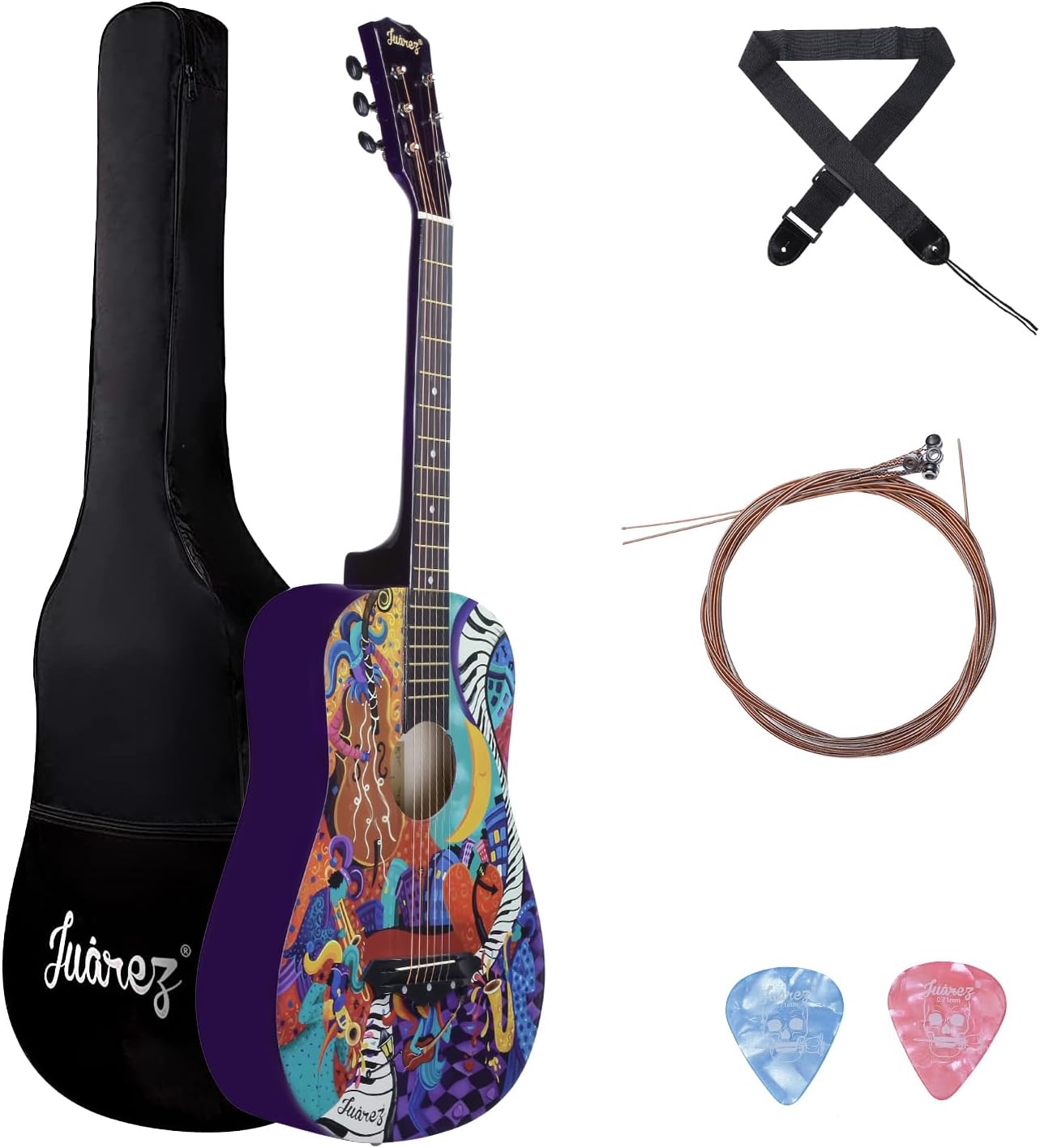 Juarez Acoustic Guitar, 38 Inch Cutaway JRZ38C/PP - Retro Hippie Funky Design, Complete Set with Bag