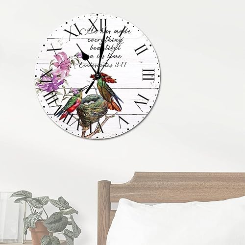 Miniatura 77 de ArogGeld He Made Everything Beautiful - Reloj de pared de PVC con flores rosadas, colibrí, reloj de pared grande con cita y números romanos, reloj