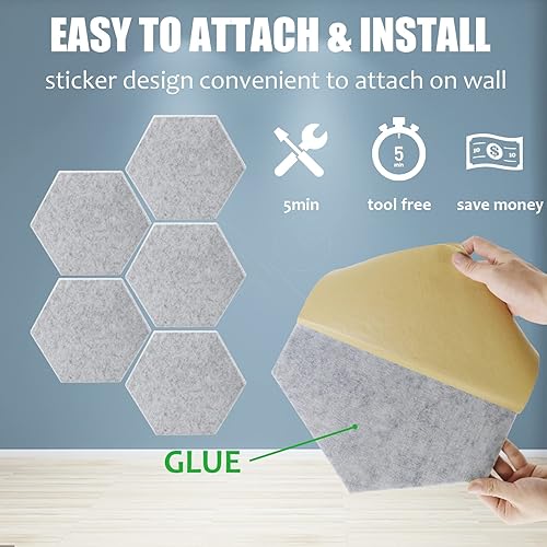 Miniatura 4 de SK Studio Paquete de 12 paneles acústicos hexagonales a prueba de sonido, 14 x 12 x 0.4 pulgadas, paneles de pared autoadhesivos a prueba de sonido,