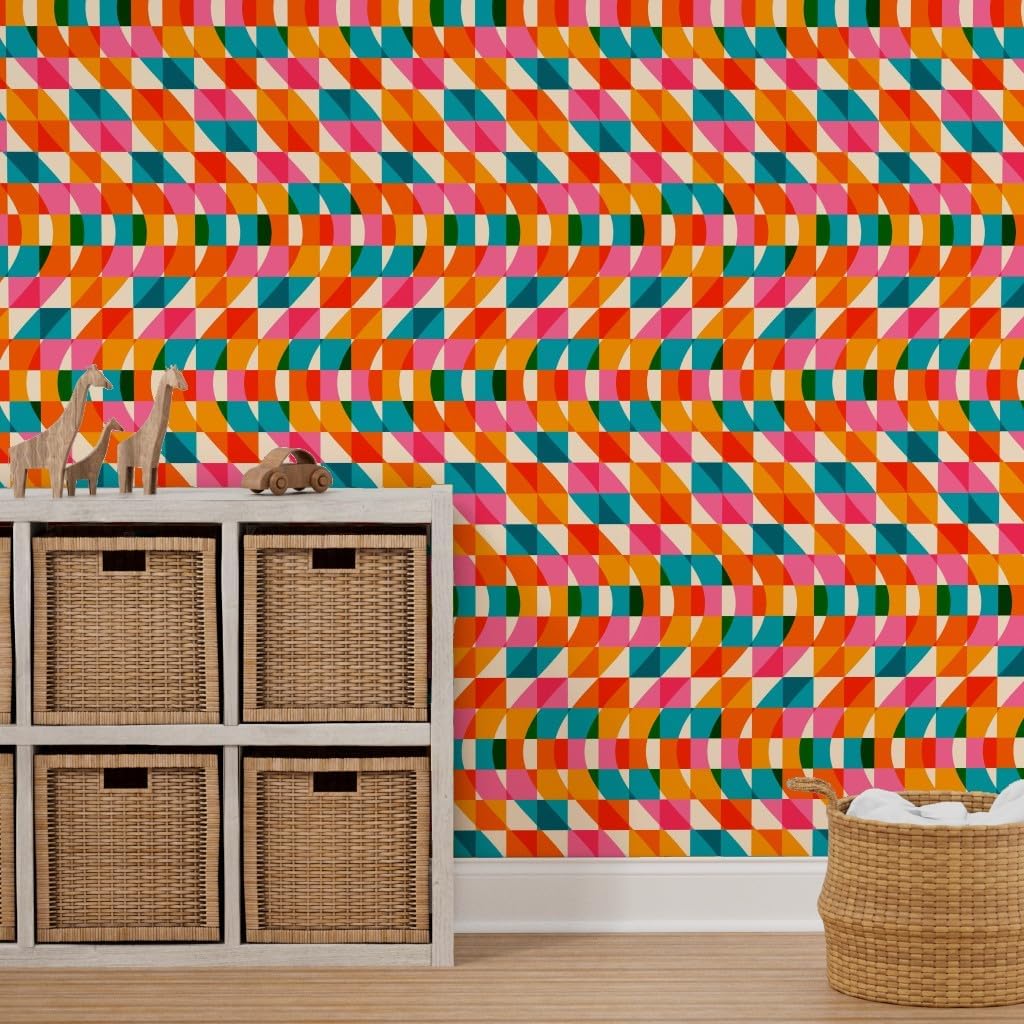 Spoonflower Removable Wallpaper 3ft x 2ft - Retro Checkered Waves Pink Green Blue Red Orange Stripes Custom Pre-Pasted Wallpaper
