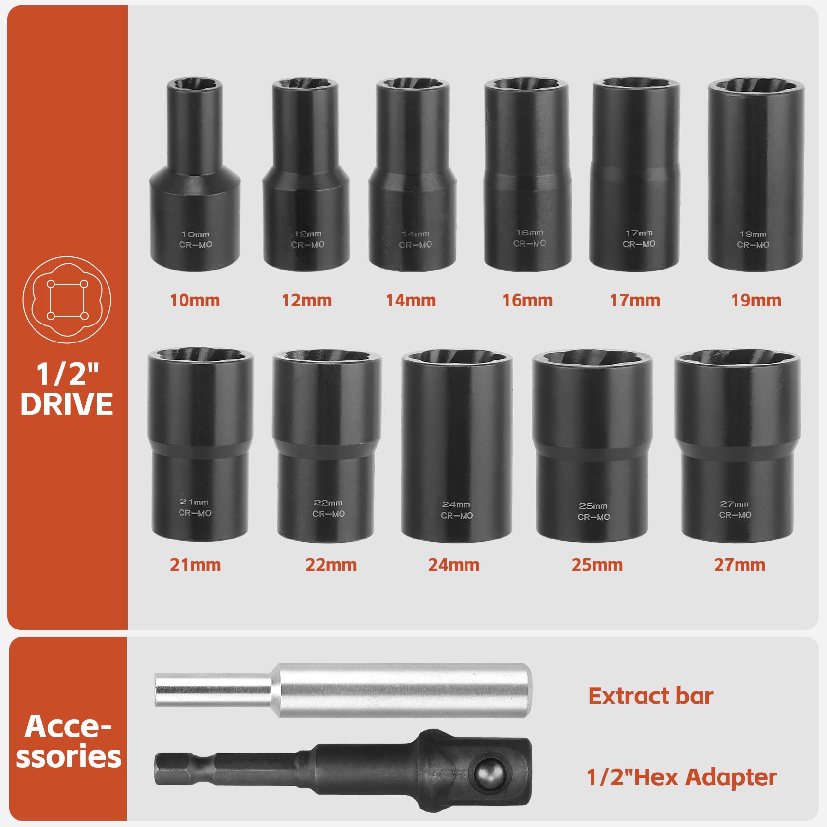 Set di 13 bussole esagonali da 10 – 27 mm, set di cacciaviti da 1/2 pollici per la rimozione di viti, dadi e bulloni danneggiati, arrugginiti, arrotondati