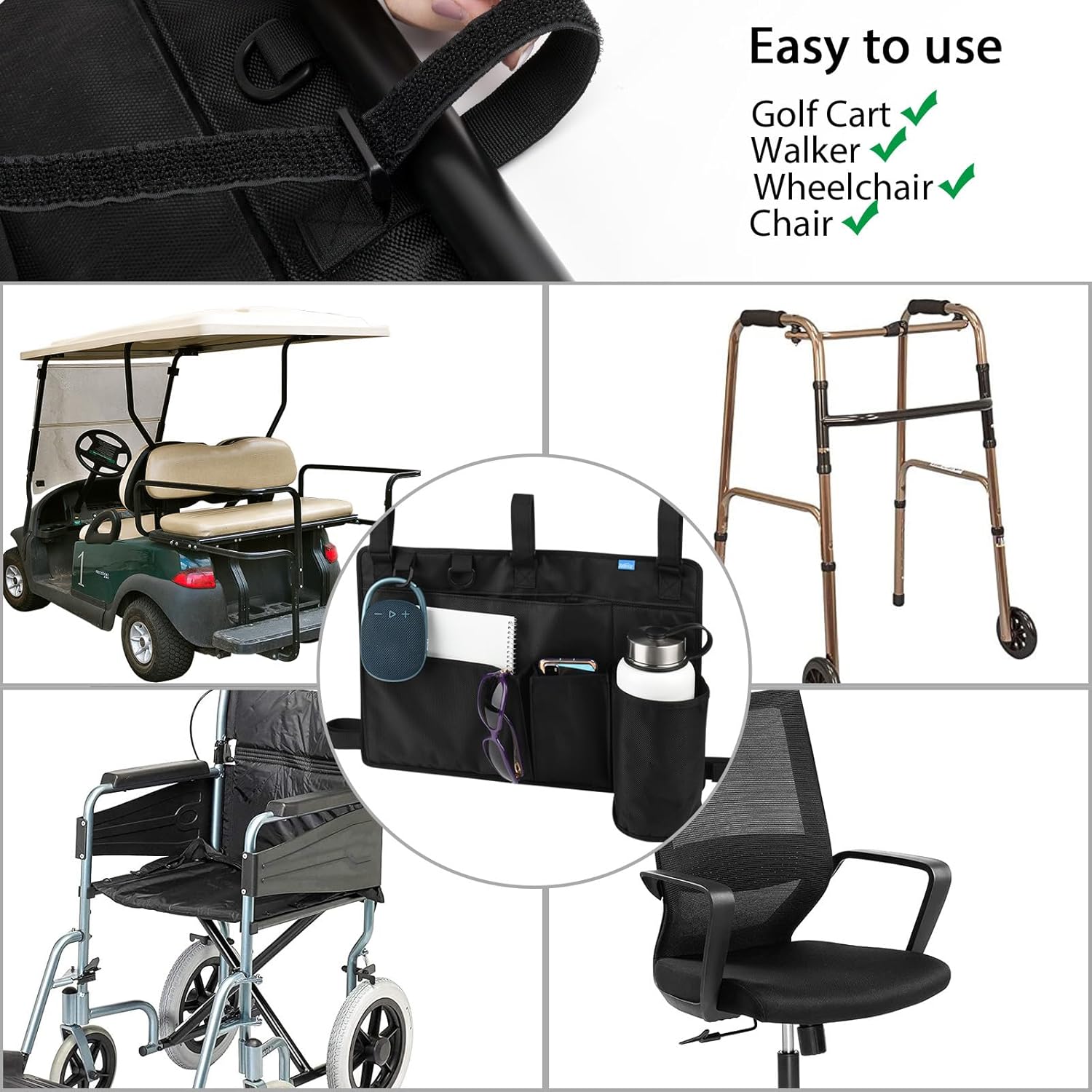 Xxerciz Golf Cart Rear Seat Organizer, Lightweight Folding Storage Bag Portable Golf Cart Accessories with Adjustable Strap for EZGO Yamaha Club Car, Wheelchair and Walker