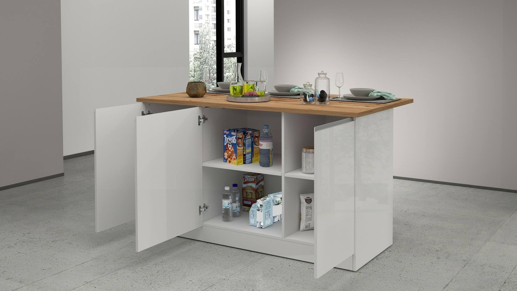 Dmora - Îlot de Cuisine Patrizio, Armoire Polyvalente, Meuble de kitchenette, Table auxiliaire, 100% Made in Italy, 155x90h90 cm, Blanc Brillant et chêne