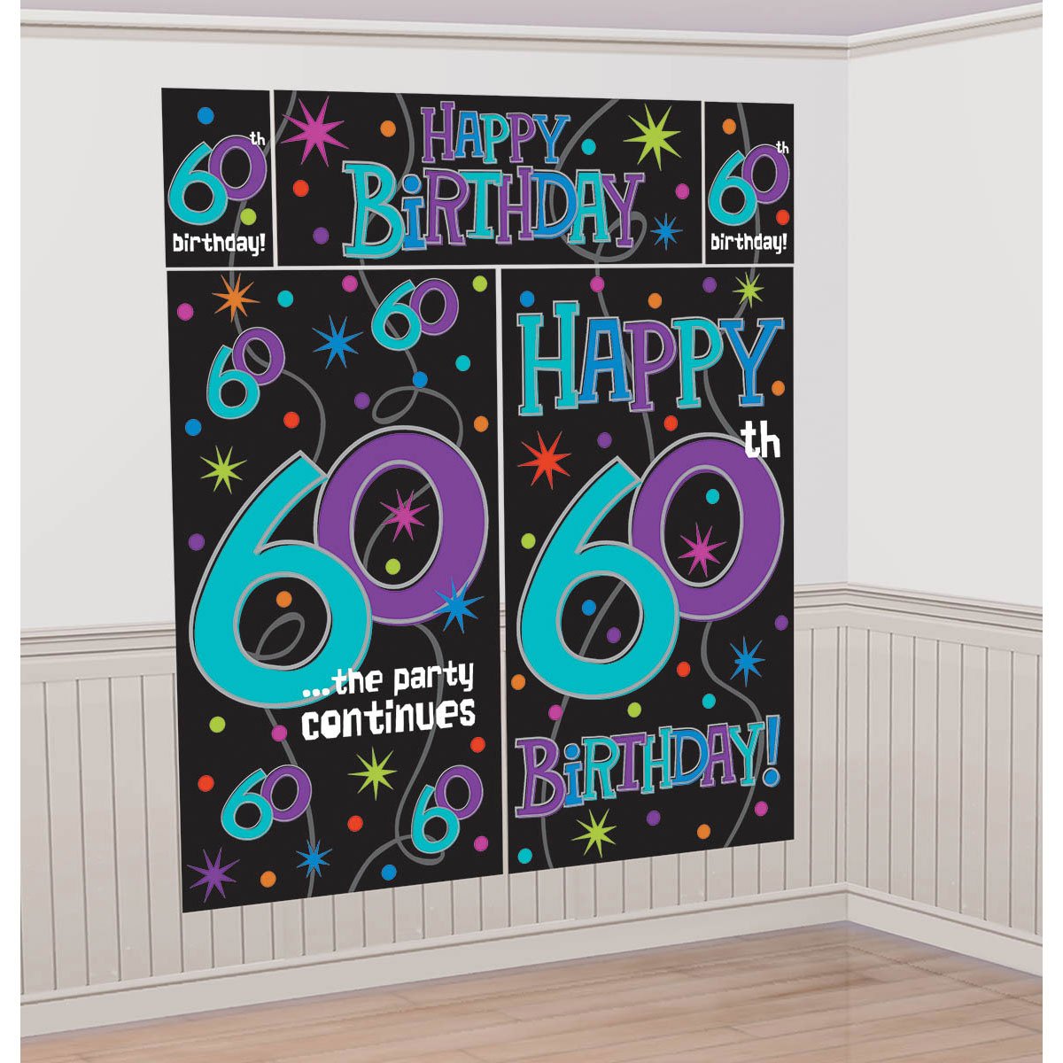 Amscan Printed with The No. 60 in Purple/Blue Festive Scene Setter Wall Décor, Black/Purple/Teal/Blue